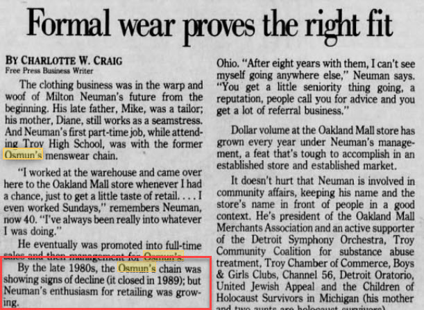 Osmuns Stores - Article Mentioning Closing Of Chain